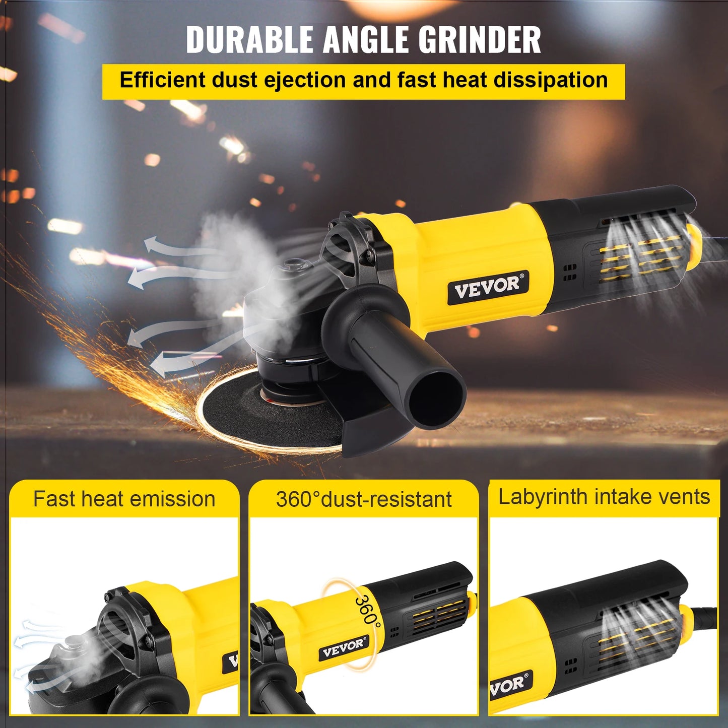 VEVOR Electric Angle Grinder 900W Angular Power Grinding Machine 4.5Inch Plastic Stone Metal Wood Cutting Grinding Wheel Tool