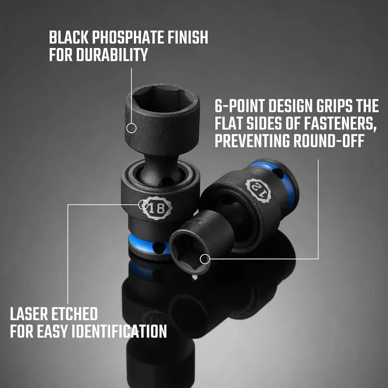 DURATECH 3/8" Drive Impact Universal Joint Socket Set, Swivel Socket Set, 16-Piece, Metric, 8-24MM, Cr-Mo Steel