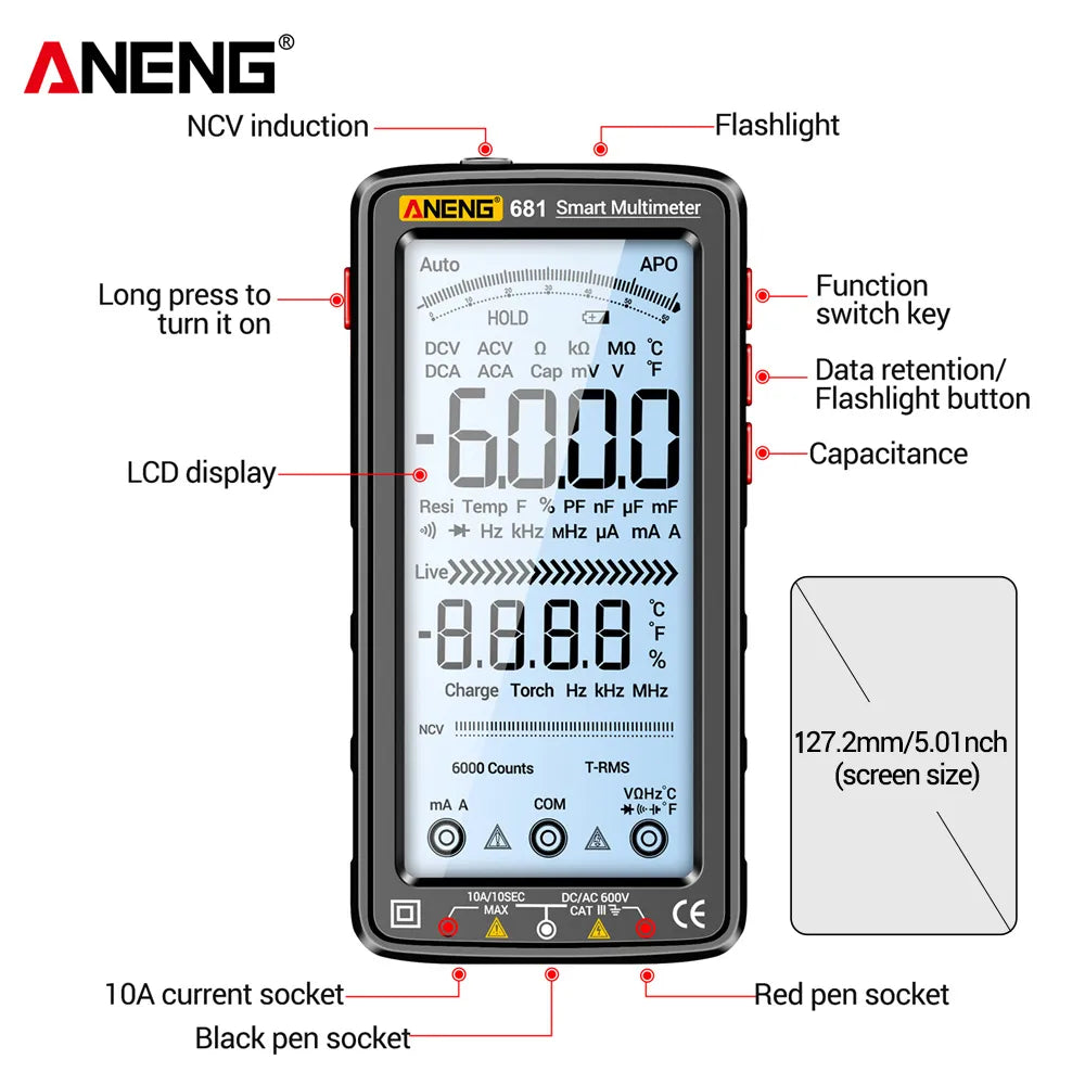 ANENG 681 Rechargable Digital Professional Multimeter Non-contact Voltage Tester AC/DC Voltage Meter LCD Screen Current Tester