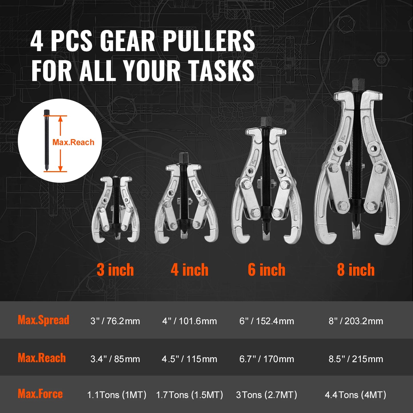 VEVOR Gear Puller Set 3" 4" 6" 8" Puller Kit 3 Jaw Gear Bearing Flywheel Pulley Removal Tool 2 or 3 Reversible Jaws Wheel Puller