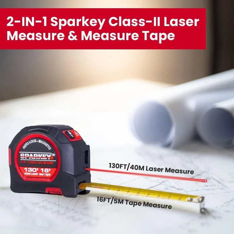 2-in-1 Laser Tape Measure, 130ft Laser/16ft Measuring Tape, USB Rechargeable, Class II Dual Measuring Tool w/Magnetic