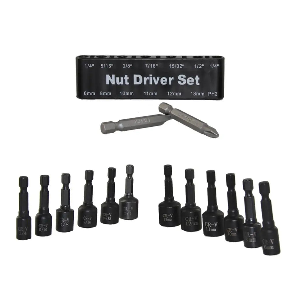 14 Pcs Power Magnetic Nut Driver Drill Bit Set Metric&SAE Socket Wrench and Screw 1/4 Inch Dr. Hex