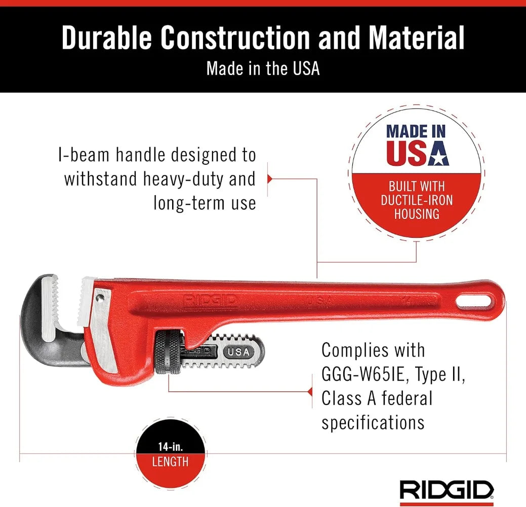 RIDGID 31020 Model 14 Heavy-Duty Straight Pipe Wrench, 14-inch Plumbing Wrench, Red, Small