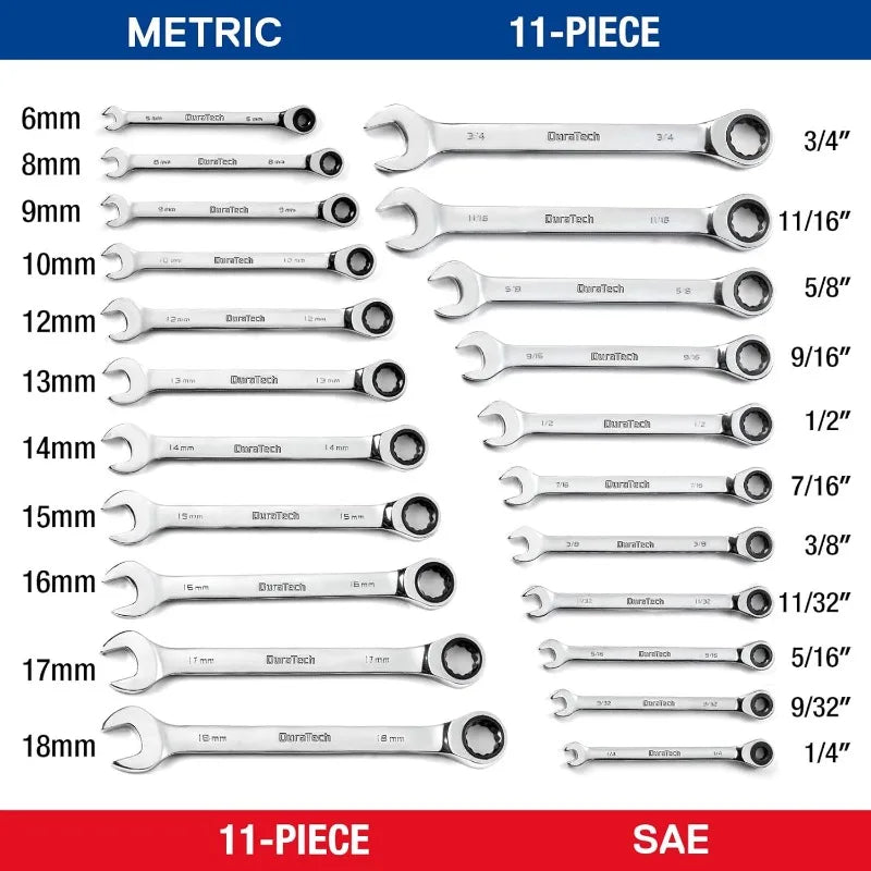 DURATECH Ratcheting Wrench Set, Combination Wrench Set, SAE & Metric, 22-piece, 1/4" to 3/4" & 6-18mm, CR-V Steel