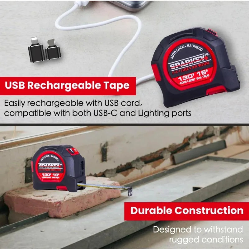 2-in-1 Laser Tape Measure, 130ft Laser/16ft Measuring Tape, USB Rechargeable, Class II Dual Measuring Tool w/Magnetic