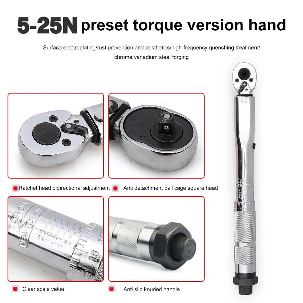 1/4 Inch Ratchet Torque Wrench Adjustable Drive Torque Wrench Square Drive 5-25N.m Torque Spanner Precise Preset Car Repair Tool