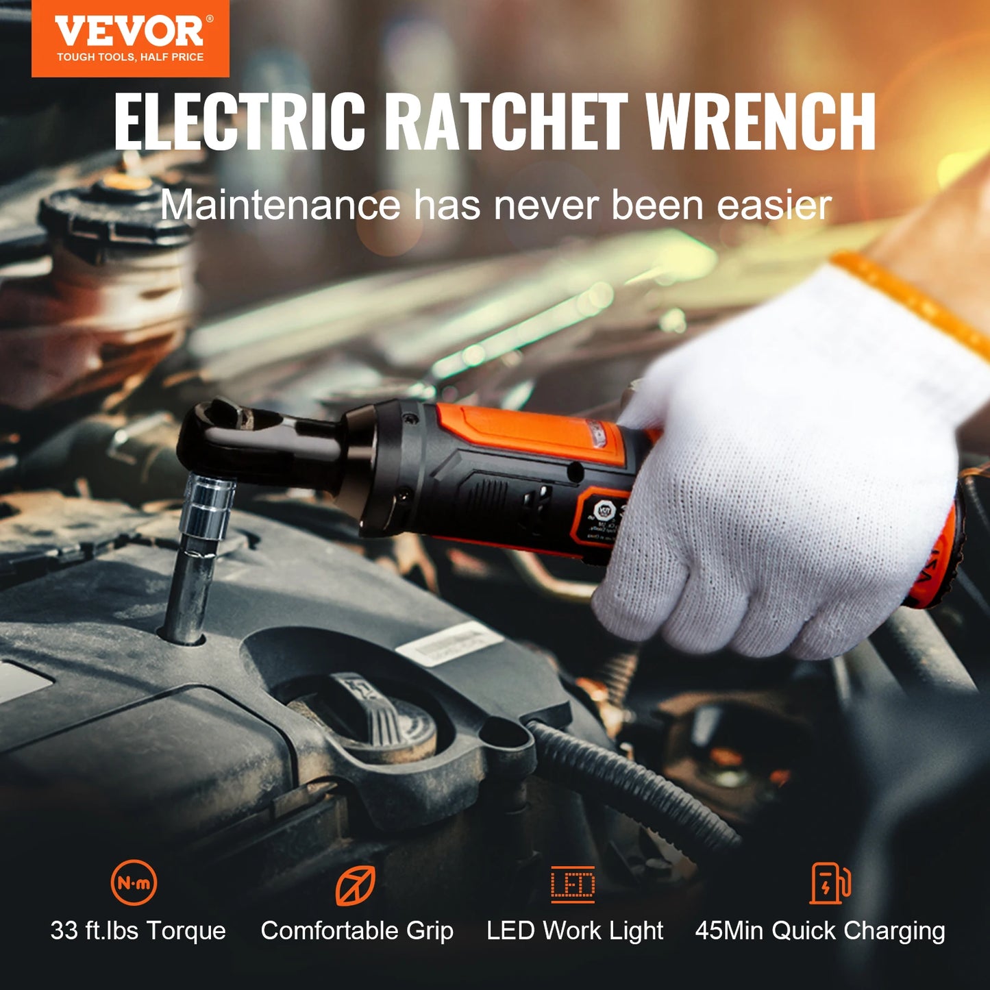 VEVOR Cordless Electric Ratchet Wrench 3/8" Sub-Compact, 33 FT-lbs Max Torque, 45-Min Fast Charging with Rechargable Battery