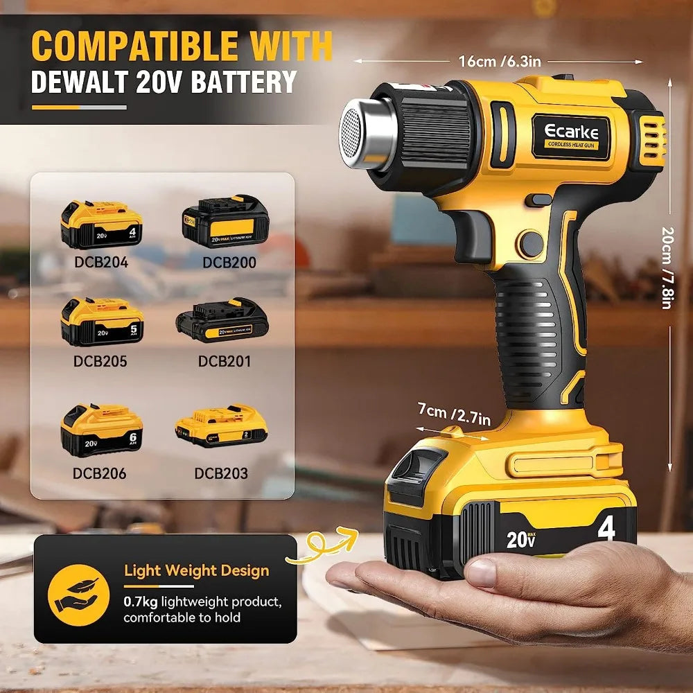 Heat Gun for Dewalt 20v Battery Variable Temperature Control,with 5 nozzle attachments Portable Cordless Air Gun for Crafts