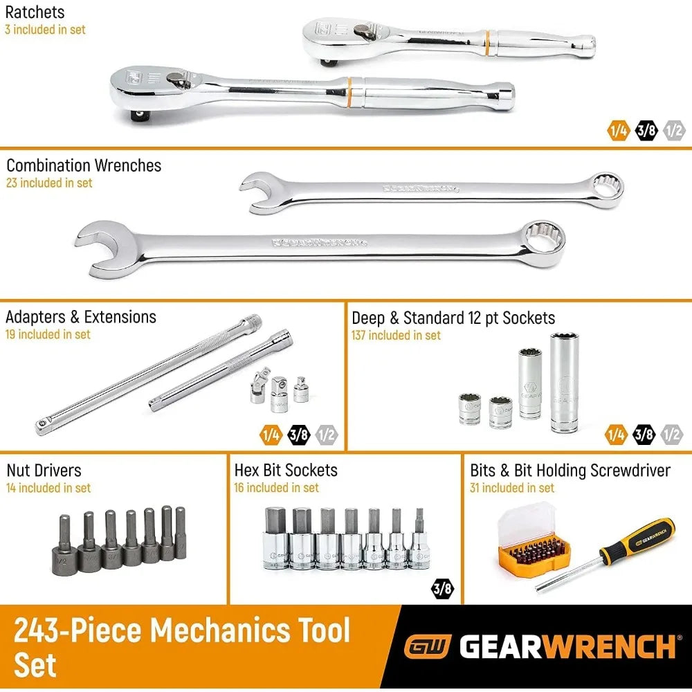 243 Pc. 12 Pt. Mechanics Tool Set in 3 Drawer Storage Box - 80972 GEARWRENCH