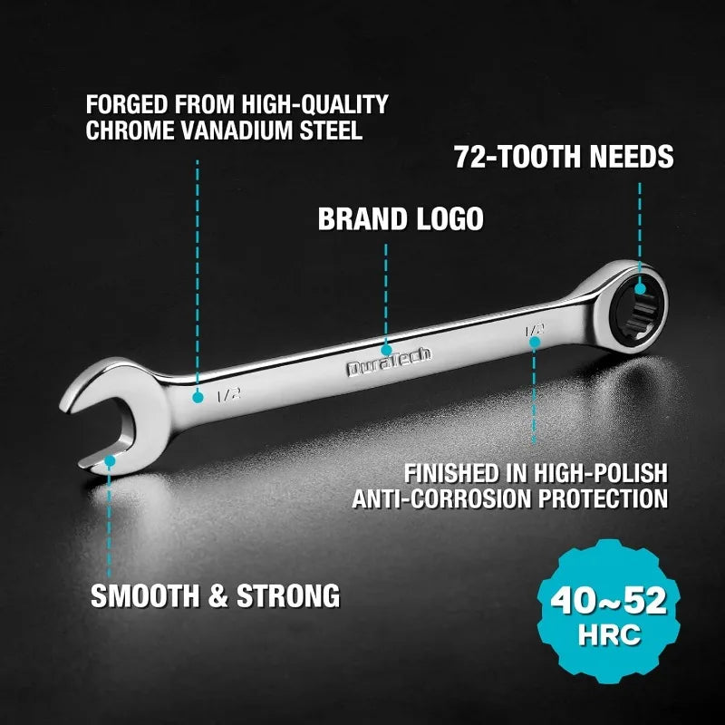 DURATECH Ratcheting Wrench Set, Combination Wrench Set, SAE & Metric, 22-piece, 1/4" to 3/4" & 6-18mm, CR-V Steel