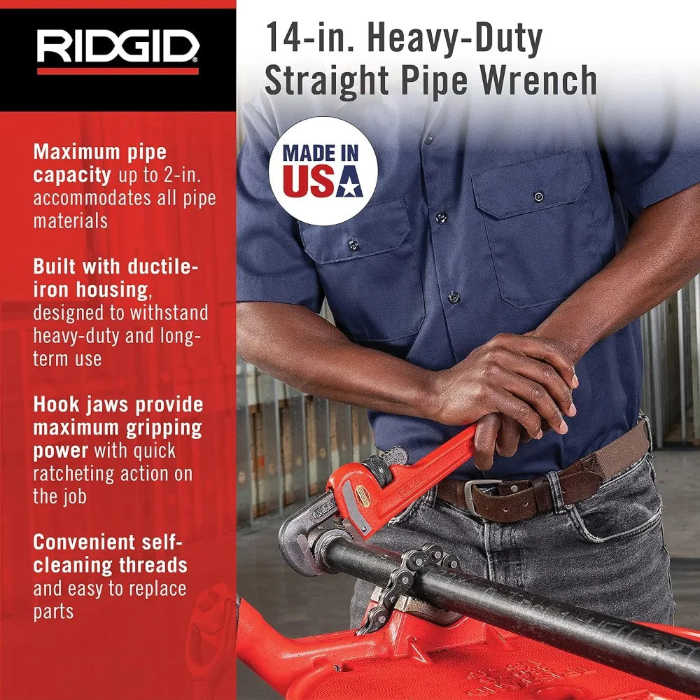 RIDGID 31020 Model 14 Heavy-Duty Straight Pipe Wrench, 14-inch Plumbing Wrench, Red, Small