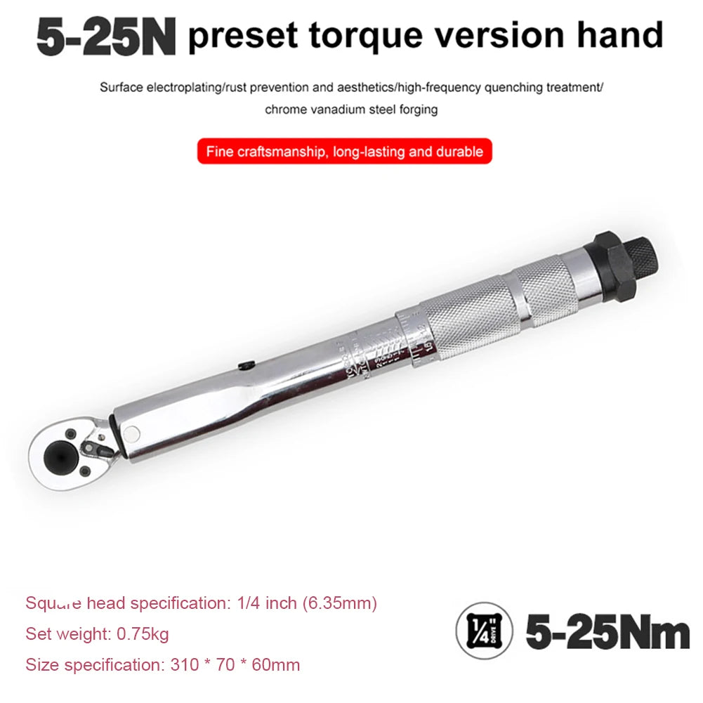 1/4 Inch Ratchet Torque Wrench Adjustable Drive Torque Wrench Square Drive 5-25N.m Torque Spanner Precise Preset Car Repair Tool