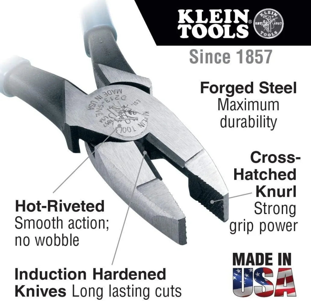 Klein Tools HD2000-9NE Side Cutter Linemans Pliers Cut ACSR Screws Nails Hard Wire 9-Inch Electrical Pliers