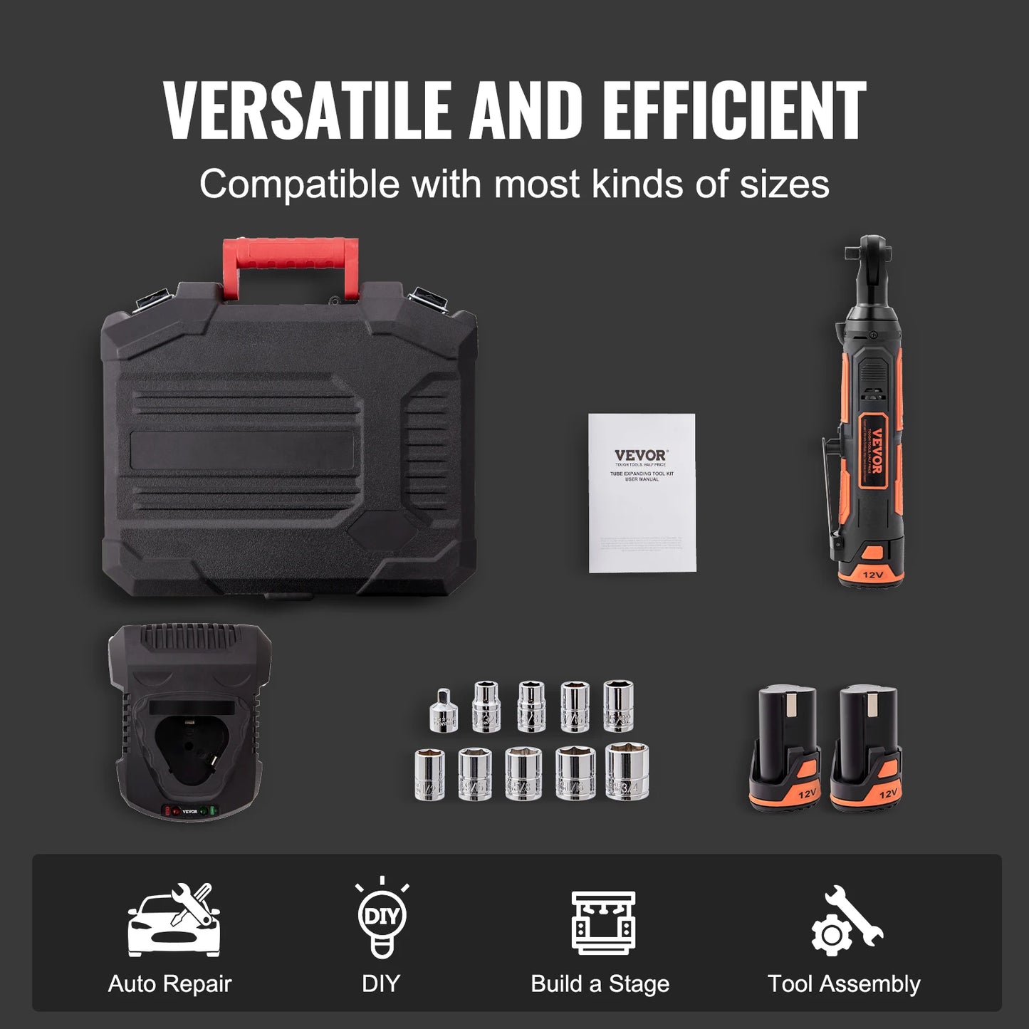 VEVOR Cordless Electric Ratchet Wrench 3/8" Sub-Compact, 33 FT-lbs Max Torque, 45-Min Fast Charging with Rechargable Battery