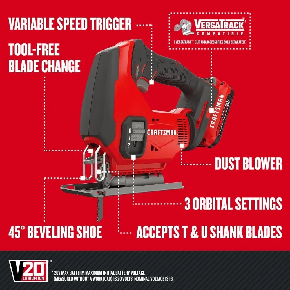 CRAFTSMAN V20 Cordless Jig Saw Kit, 3 Orbital Settings, Up to 2,500 SPM, Battery and Charger Included (CMCS600D1)