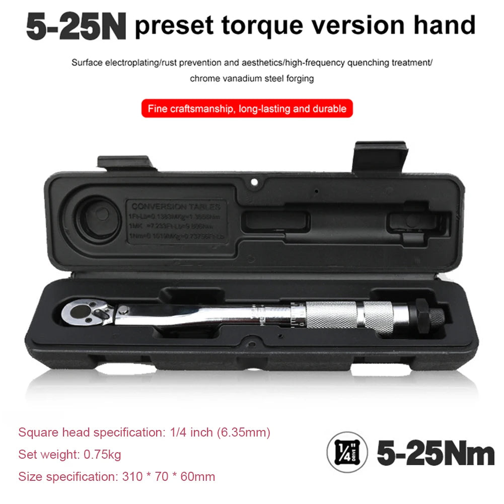 1/4 Inch Ratchet Torque Wrench Adjustable Drive Torque Wrench Square Drive 5-25N.m Torque Spanner Precise Preset Car Repair Tool