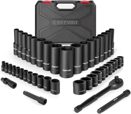 Eastvolt Mechanic Tool Kits, Drive Socket Set, 46 Pieces, with 72 Teeth Reversible Ratchet, Metric/SAE (ASK06)