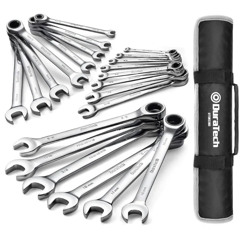 DURATECH Ratcheting Wrench Set, Combination Wrench Set, SAE & Metric, 22-piece, 1/4" to 3/4" & 6-18mm, CR-V Steel