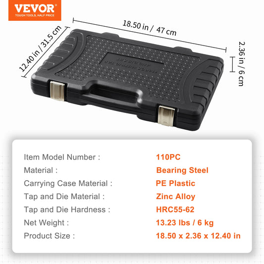 VEVOR Tap and Die Set 40PCs 60PCs 80PCs 110/116PCs Metric or SAE Standard Bearing Steel Taps and Dies Essential Threading Tool