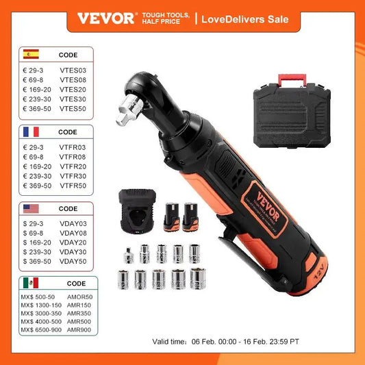 VEVOR Cordless Electric Ratchet Wrench 3/8" Sub-Compact, 33 FT-lbs Max Torque, 45-Min Fast Charging with Rechargable Battery