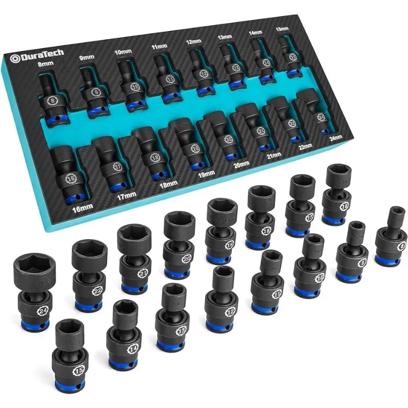 DURATECH 3/8" Drive Impact Universal Joint Socket Set, Swivel Socket Set, 16-Piece, Metric, 8-24MM, Cr-Mo Steel