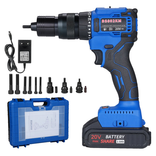 20V Cordless Rivet Machine with Battery 2-in-1 Electric Rivet Nut Kit Brushless Motor Automatic Rivet Machine Tool for Rivets