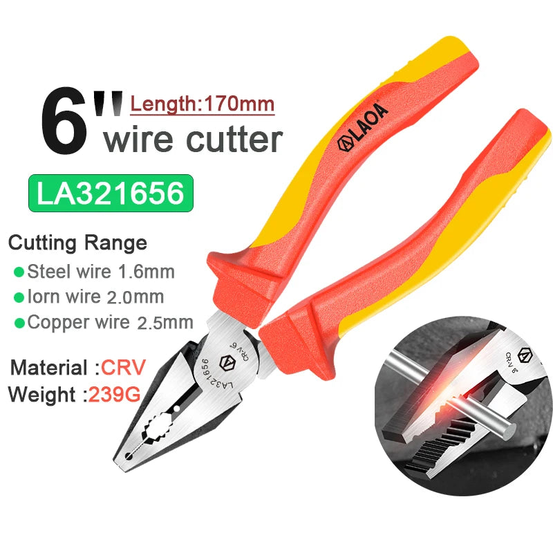 LAOA VDE Wire Cutters 6'' 7'' 8'' Insulated Combination Diagonal Needle Nose Pliers Electrician Tool High Voltage Resistance