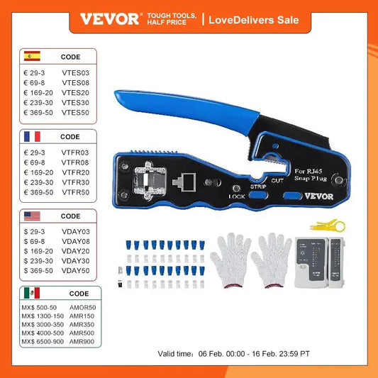 VEVOR Crimping Tool RJ45/Cat5e/Cat6/Cat6a Ethernet Crimper Crimp Pliers for 8-Pin Modular Plugs, with Mini Wire Stripper