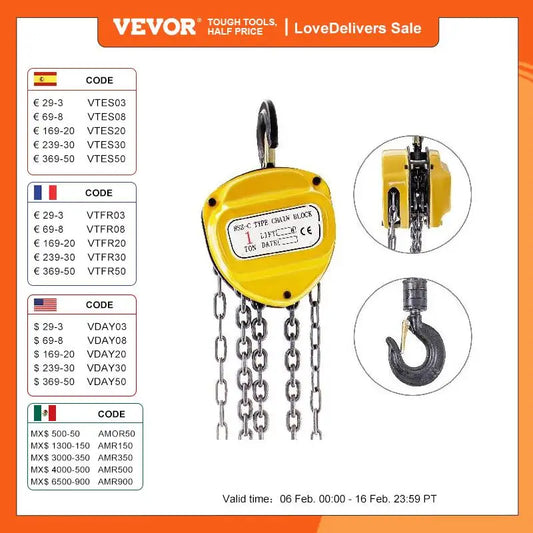 VEVOR 0.5/1/2/3T Chain Hoist Anti-Rust Manual Chain Block 10/20FT 3m/6m with Two Hooks for Lifting Pulling Dragging Construction