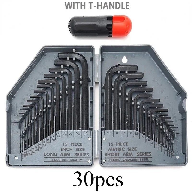 30Piece Hex Key Allen Wrench Set 0.7mm-10mm SAE Metric Assortment L Shape with Handle Steel Spanner Long Short Arm Hand Tool Box