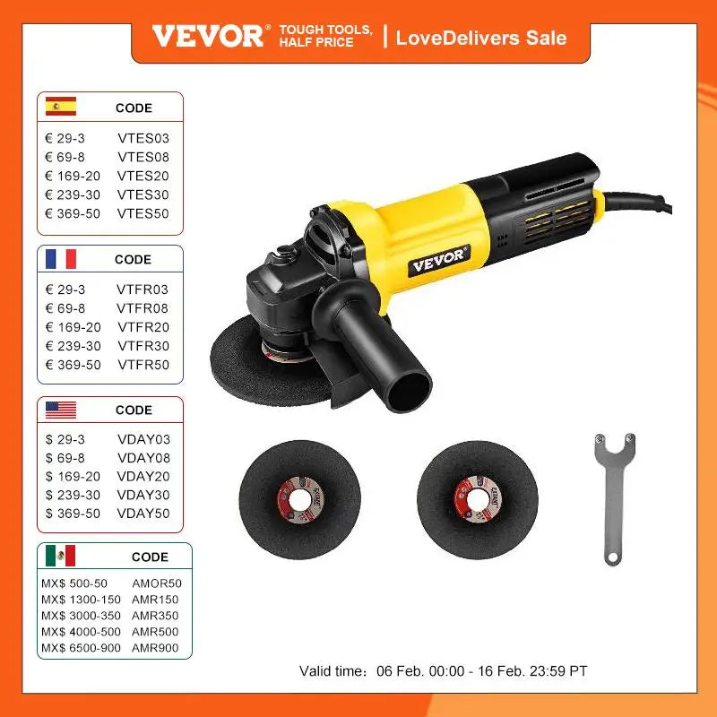 VEVOR Electric Angle Grinder 900W Angular Power Grinding Machine 4.5Inch Plastic Stone Metal Wood Cutting Grinding Wheel Tool