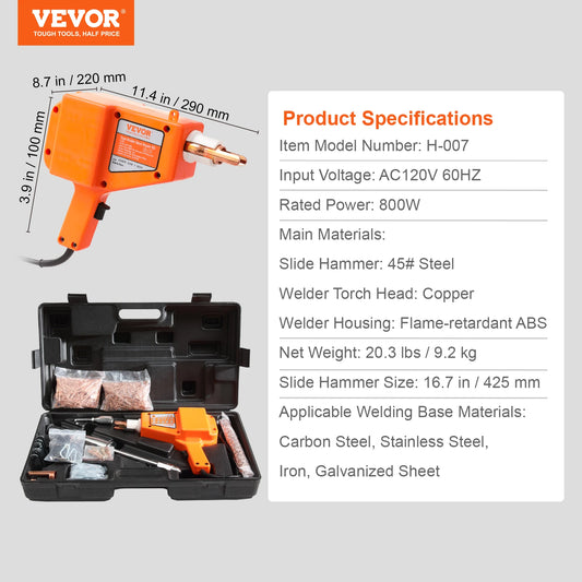 VEVOR Stud Welder Dent Repair Kit 800W Auto Body Spot Welder Puller Machine with 13 Types Welding Accessories for Car Repairing