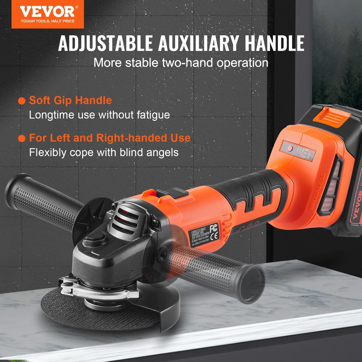 VEVOR Cordless Angle Grinder Kit 9000rpm Brushless Motor 3 Variable Speed Electric Grinder Power Tool for Polishing Rust Removal