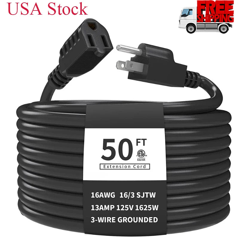 10-50 Feet Gauge Black Indoor Outdoor Extension Cord 16/3 SJTW Waterproof Wire 3 Prong Generator Socket Machine Cable Power Cord